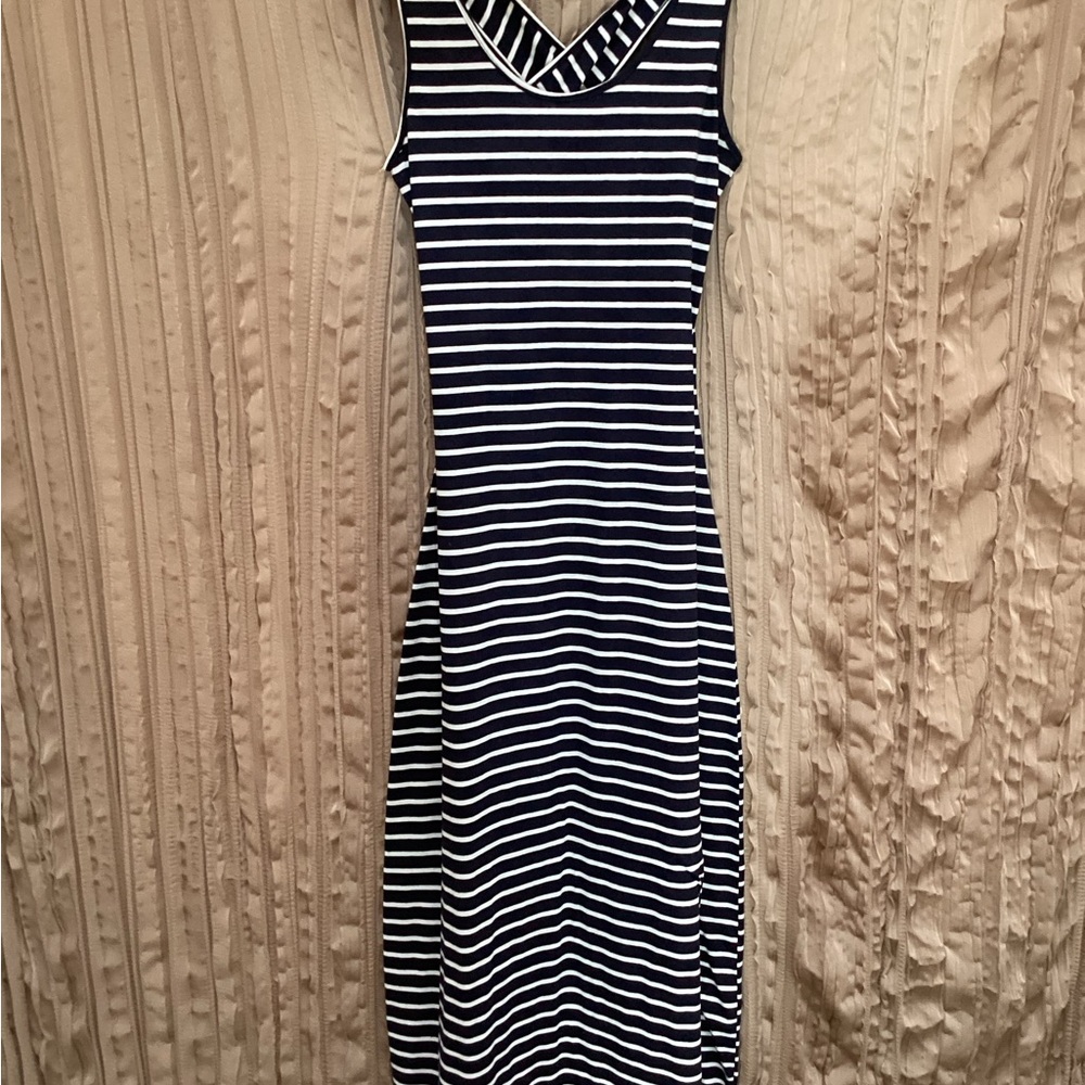 YALos Angeles Striped Black&White Sleeveless Maxi Dress, open criss cross back,M